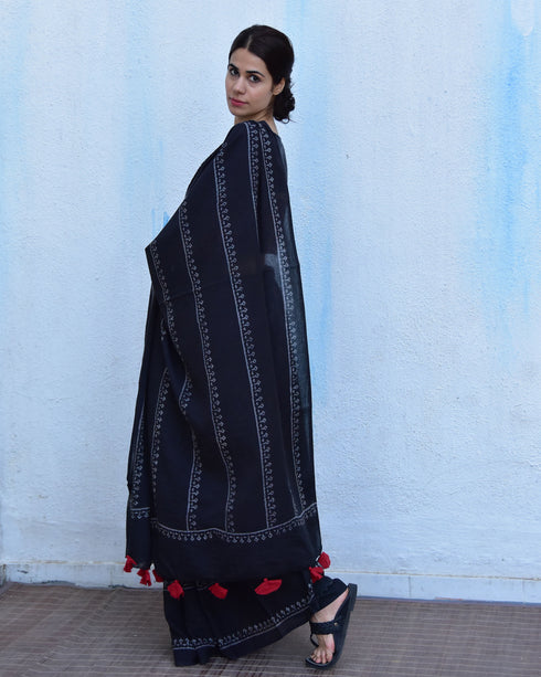 Black Hand Block Printed Cotton Mul Saree